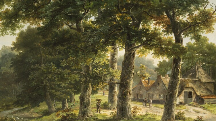 A serene landscape painting features a dense forest with tall trees in the foreground. A small group of thatched-roof cottages nestled under the trees is visible in the background. 