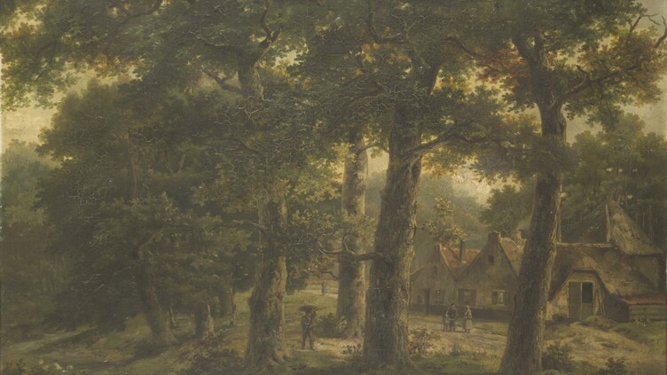 A serene forest scene featuring tall trees with thick foliage. In the background, a group of people stand near rustic cottages 